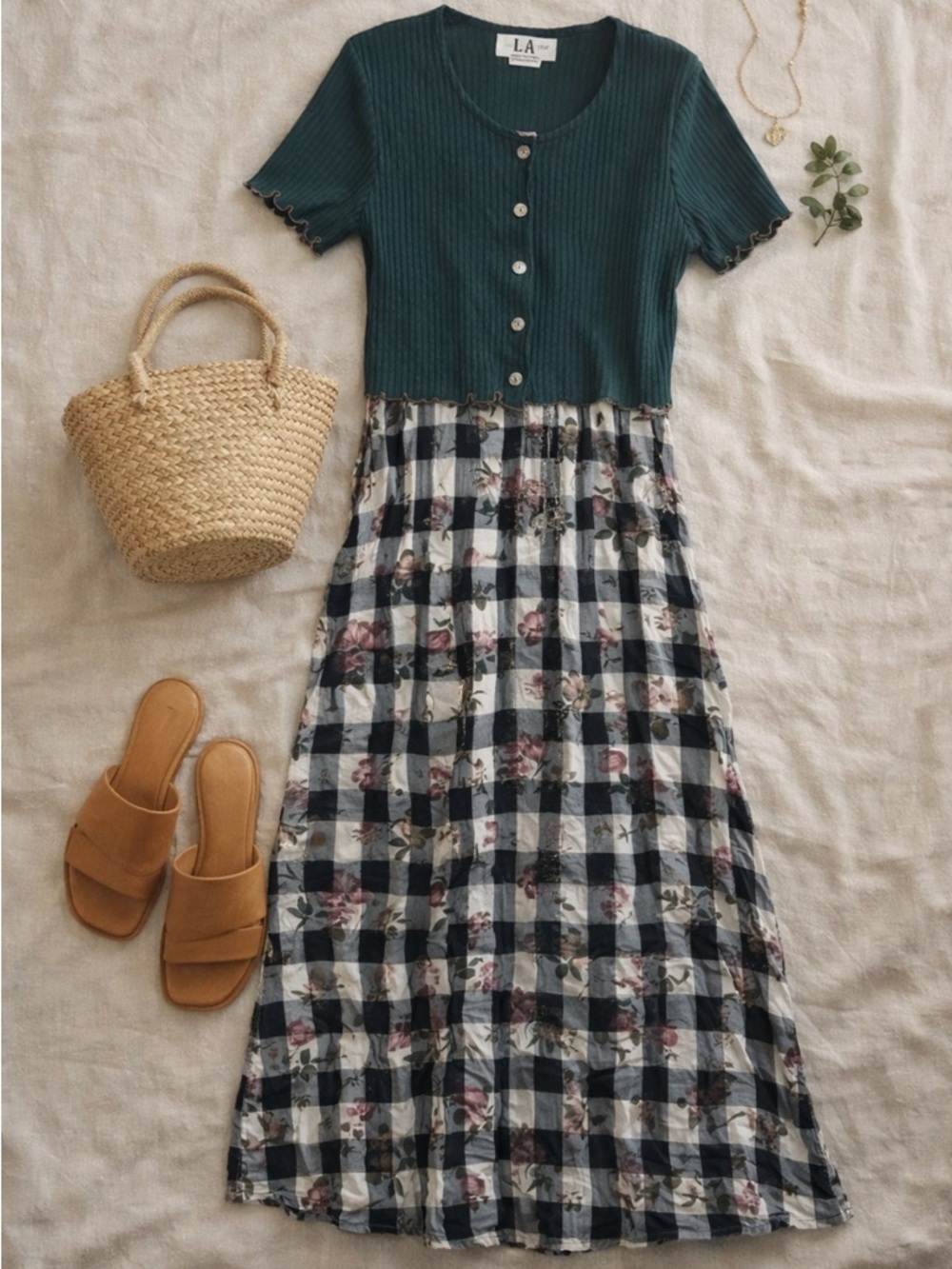 Vintage Cottagecore 2pc Dress Set Floral Gingham